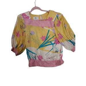 Vintage Floral Kung  yellow Silk floral print blouse  puffed sleeves Size 4